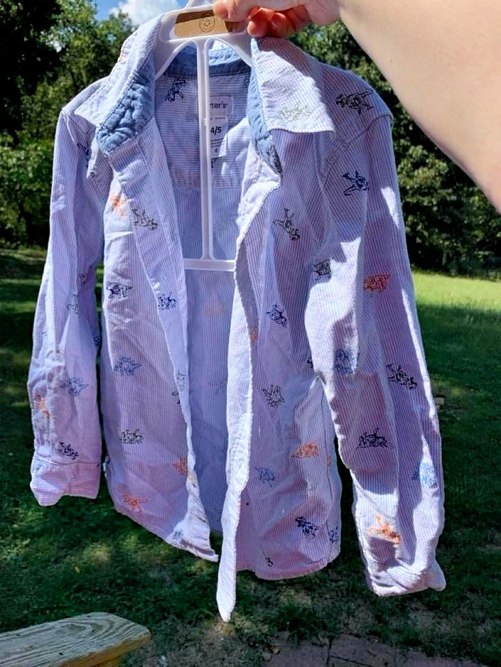 EUC Carter's Toddler Dinosaur Button-Front Shirt Blue & White Striped Size 4/5
